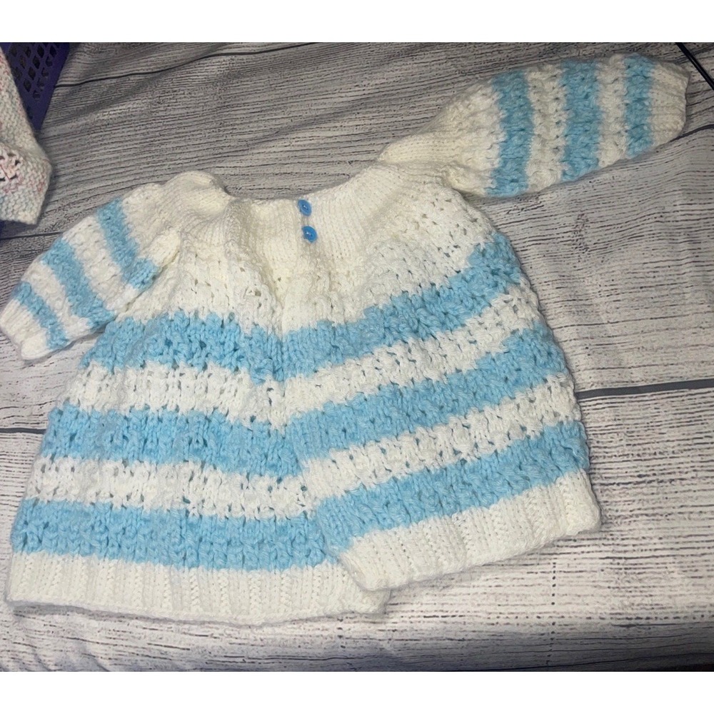Baby Sweater Cardigan Crocheted Blue And White‎ 3/6 Months